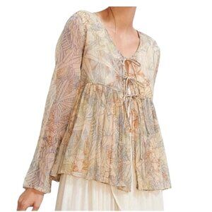 Mes Demoiselles Paris Sheer Palm Floral Metallic Peasant Boho Tie Front Top Sz 8
